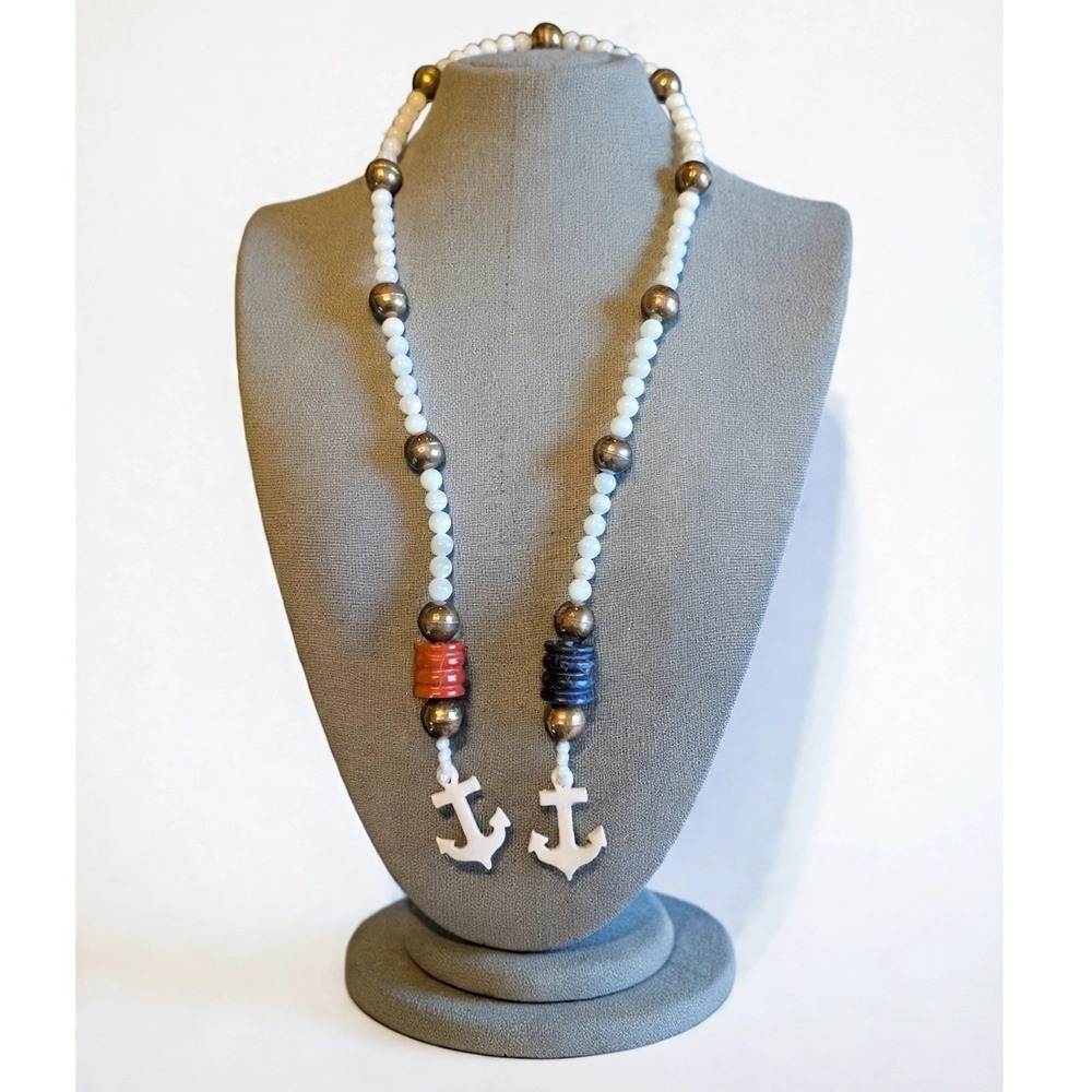 Vintage Opera Necklace Nautical Anchor Tribal MOP Sodalite Jasper Brass Beaded
